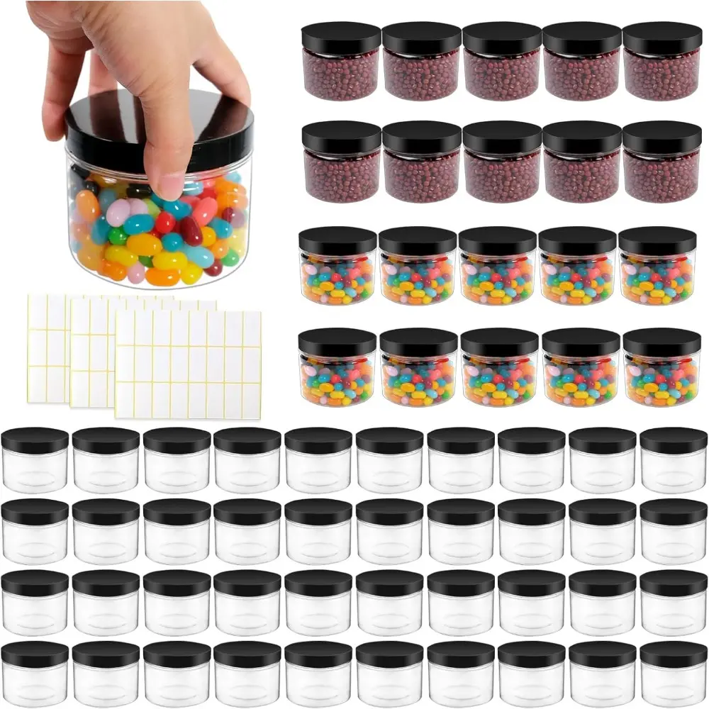 60 Pcs 10 oz Clear Plastic Jars Containers Cylinder Round Containers Airtight Screw Wide Mouth Storage Jars with Lids for Food Kitchen Honey Butter Cosmetics(Black)