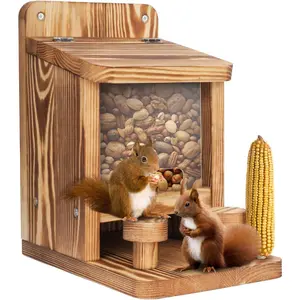 Squirrel Feeder, Squirrel Feeders for Outside Wooden Squirrel Houses for Outdoors Peanuts Nuts Corn Cobs Holder Durable Chipmunk Feeder Box Funny Squirrel Picnic Table Feeder