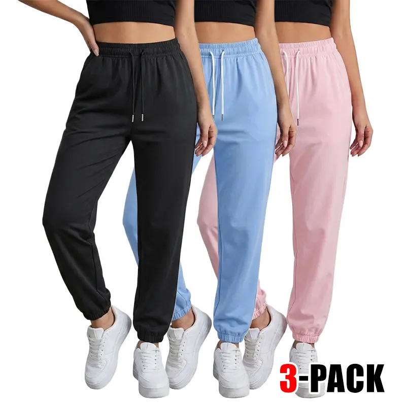 Women’s 3‑Pack Jogger Pants Set, Elastic Drawstring Waist, Side Pockets, Cuffed Ankles, Loose‑Fit Sweatpants for All‑Season Home & Everyday Outdoor Wear
