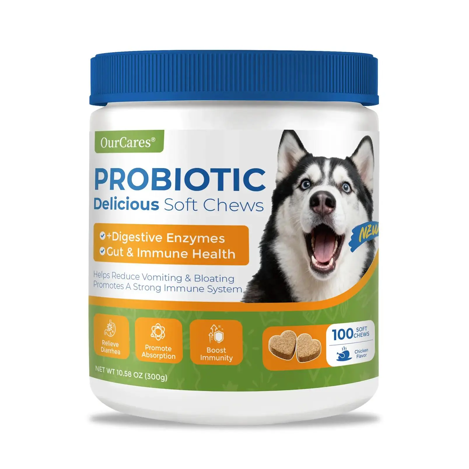 OURCARES Upgraded Dog Probiotics Chewables - 100 Soft Chew Treats, Digestive Remedy for Gut Health, Vet-Reviewed Premium-Quality Ingredients Easy-Admin Supplement, Seasonal Allergies