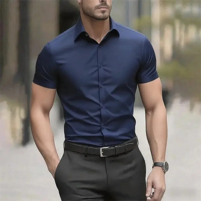 Men's Basic Solid Color Stretchy Short Sleeve Business Casual Shirt - Polyester, Smooth, Breathable, Silk-Blend, All Seasons, Formal Vibe, Layer-Friendly, Size XS-6XL (3XL,4XL,5XL Inclusive)