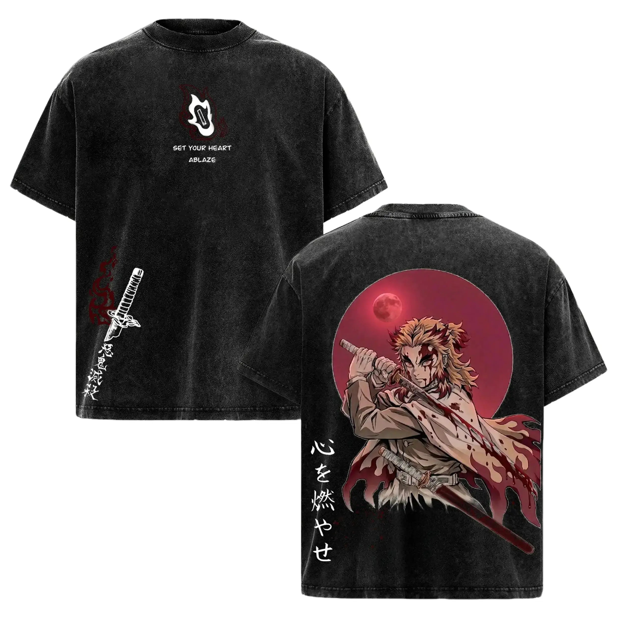 Rengoku Kyojuro Wash Tee, Demon Slayer Anime Graphic Shirt, Heavy Cotton Acid Washed T-Shirt, Double Printed Oversize Top, Unisex Casual Streetwear, Oversized Anime Print T-Shirt, Graphic, Gift For Anime Fan