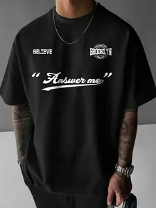 Men's Brooklyn New York Graphic Drop Shoulder Oversized T-Shirt - Vintage "Answer Me" Letter Print Baggy Short Sleeve - Urban Streetwear Vibe Top for Daily Casual Wear