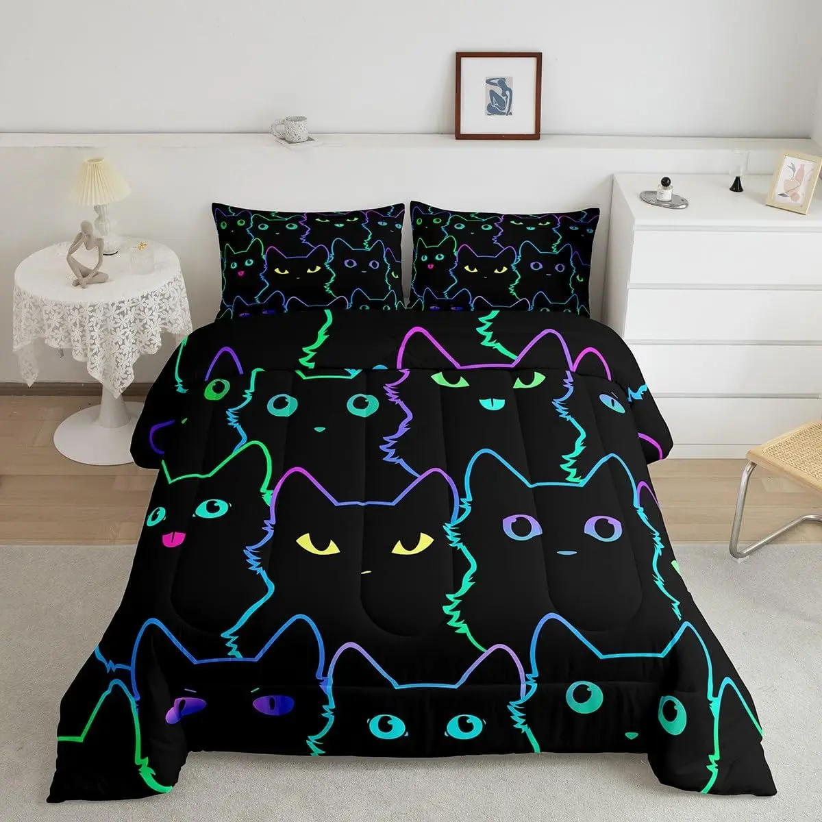 Feelyou Cartoon Cat Comforter Set - Gradient Line Cute Kitten Print, Comfy Decorative Bedding Set, Breathable Multi-Size Travel-Friendly All-Season Bedroom Linens, Comfy Bedding Set, Bedroom Bedding Set