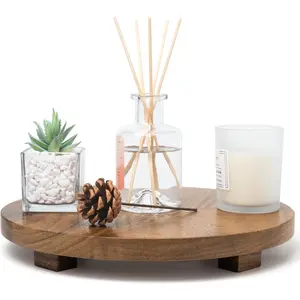 Round 11.8" Acacia Wood Decorative Tray – Farmhouse Wood Riser Pedestal Stand for Kitchen and Bathroom Decor, Counter Display, Vanity Tray (Large, 11.8" Dia)