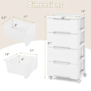 COSTWAY - Rolling Storage Cabinet with Universal Wheels and 5/6/7 Drawers-5 Drawers