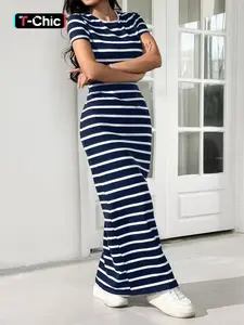 Women's Spring Summer Slim-Fitting Striped Round Neck Dress, Womenswear, Casual Fashionable Daily Wear, Perfect for Everyday