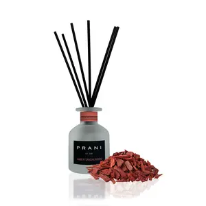 PRANI Amber Sandalwood Scented Reed Diffuser, 120ml Frosted Glass Aroma Oil with Calming Fragrance for Living Room, Workspaces, Scent