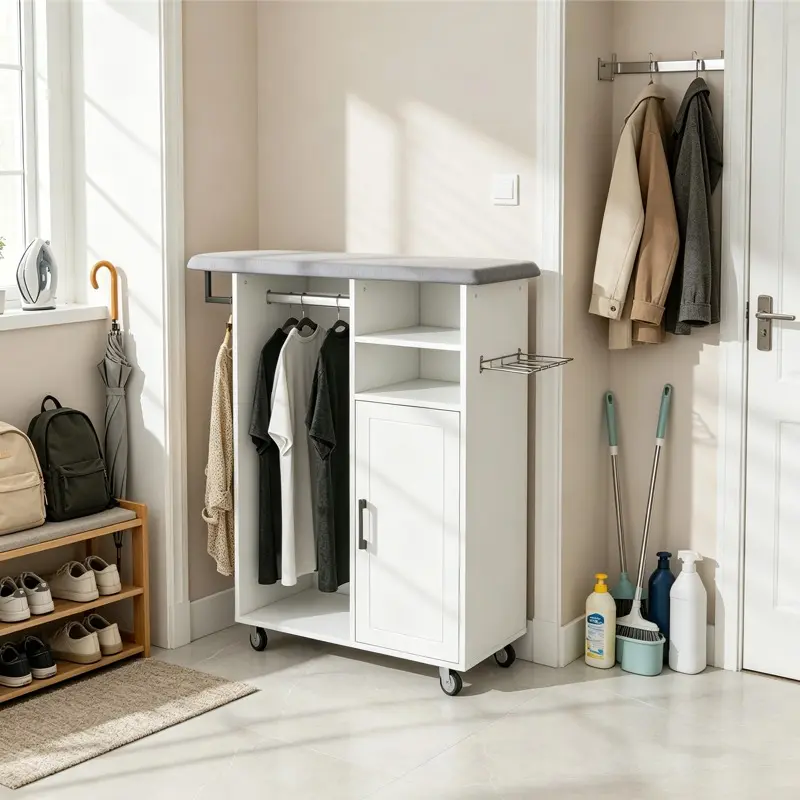White Adjustable Household Ironing Cart with Rolling Wheels, Cabinet Table, Ironing Board, Cover, Hanging Accessories for Laundry Room, Bedroom