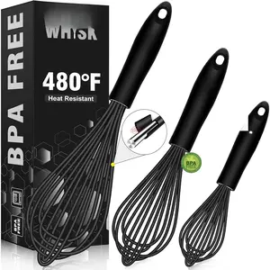 Whisk,Stainless Steel Wire Whisk Set of 3 -Heat Resistant 480?F Kitchen Whisks for Non-stick Cookware,Balloon Egg Beater  for Blending,Whisking,Beating,Frothing & Stirring,Black