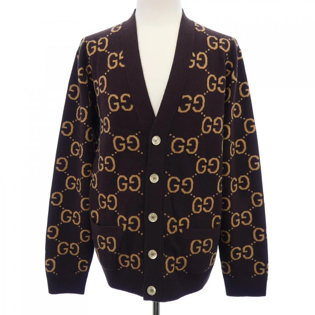 Pre-owned GUCCI Wool Small Leather Goods GG Jacquard Cardigan