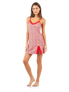 Casual Nights Women's Sleepwear Lace Trim Slip Camisole Nightie - Red Animal Print - Large