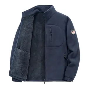 Men's Navy Blue Fleece Jacket - Full-Zip Sherpa Coat with Soft Lambswool Lining, Zipper Pockets, Badge Details, Warm Casual Top Ideal for Cold Weather & Outdoor Activities
