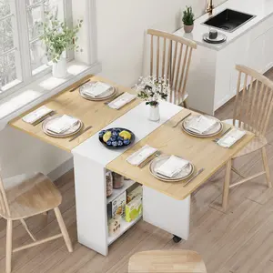 【GARVEE】Foldable Drop Leaf Dining Table with 2-Tier Storage and 6 Wheels, Space-Saving Folding Kitchen and Dining Room Table Ideal for Small Spaces