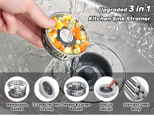 Hibbent Upgraded 3 in 1 Kitchen Sink Drain Strainer, Stainless Steel Pop Up Sink Stopper, Larger Anti-Clogging Basket, 3-Layer Seal, Detachable Drain Plug for US Standard 3-1/2" Drain, Matte Black,summervibes,campingessentials,campinggear,home essentials Hibbent Upgraded 3 in 1 Kitchen Sink Drain Strainer, Stainless Steel Pop Up Sink Stopper, Larger Anti-Clogging Basket, 3-Layer Seal, Detachable Drain Plug for US Standard 3-1/2" Drain, Matte Black,summervibes,campingessentials,campinggear,home essentials