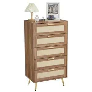42.99″ Modern Rattan 5-Drawer Dresser – MDF Tall Chest with Metal Handles and Splayed Legs for Bedroom, Entryway, or Living Room Storage