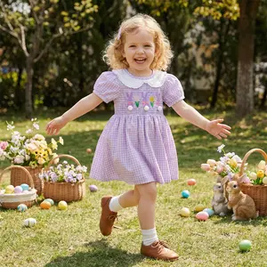 Toddler Girl Easter Dress Plaid Print Bunny Embroidery Doll Collar Short Sleeves A Line Dress
