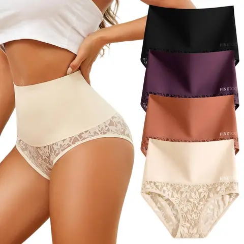 FINETOO Women's 4PCS High Waist Briefs - Polyamide-Elastane-Spandex Lady Underwear, Elegant Retro Cute Fantasy Cheeky Lace Bikini, High-Quality Comfortable Everyday Panties for Christmas Wedding (S-3XL, Clothes for Women)