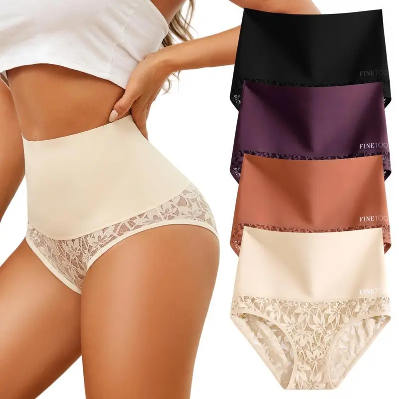 FINETOO Women's 4PCS High Waist Briefs - Polyamide-Elastane-Spandex Lady Underwear, Elegant Retro Cute Fantasy Cheeky Lace Bikini, High-Quality Comfortable Everyday Panties for Christmas Wedding (S-3XL, Clothes for Women)
