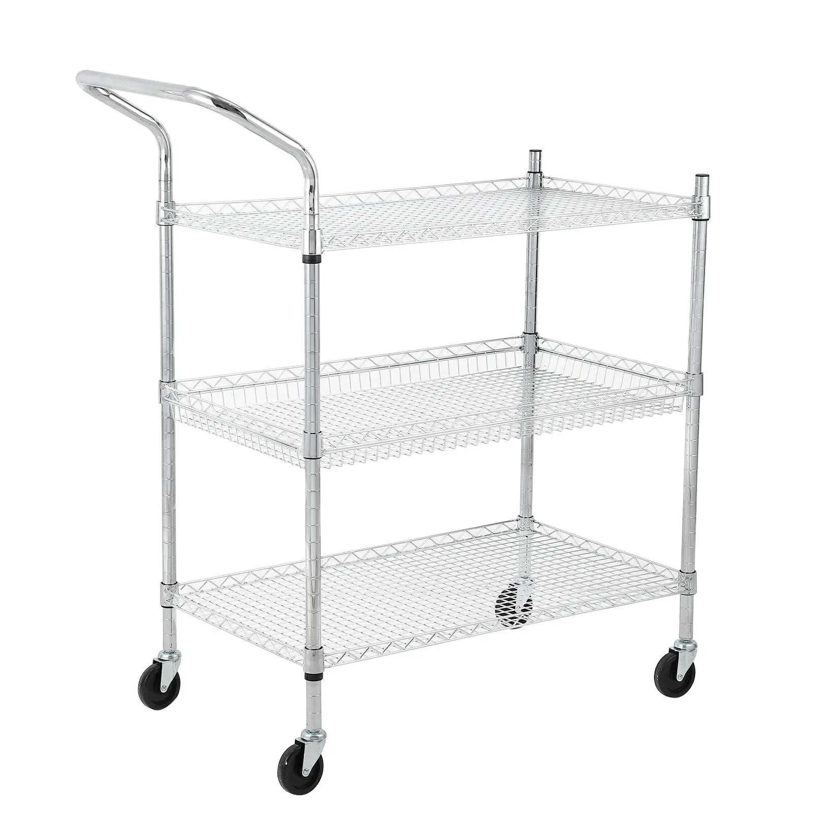 Garvee 3-Tier Metal Utility Cart, Sturdy Adjustable Shelves, Lockable Wheels, High Handle, Multifunctional Storage for Office, Kitchen, Warehouse, Bathroom - 3 Tiers with Handle