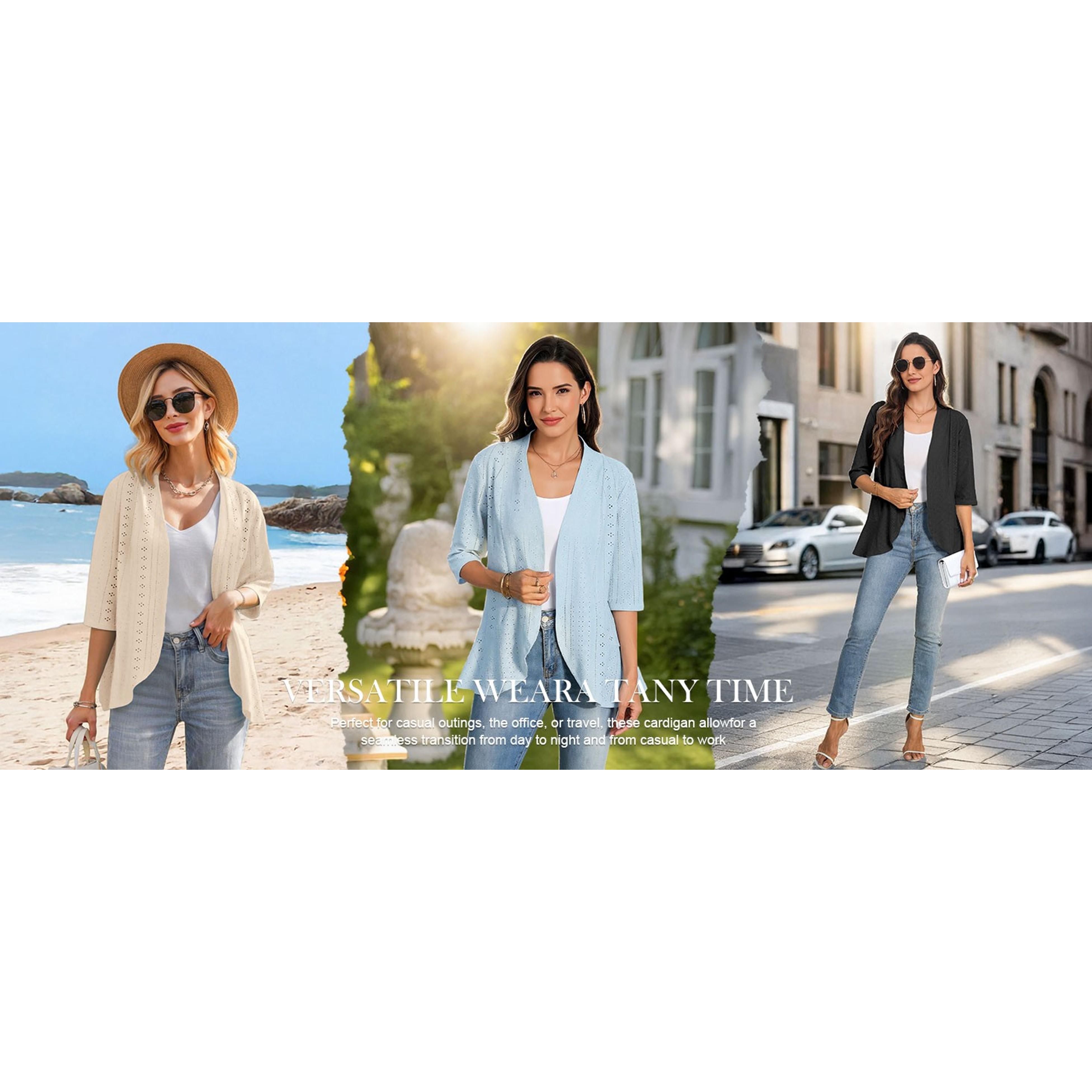 Women Cardigan 3/4 Sleeves Open Front Lightweight Soft Netted Knit Draped Ruffles Cardigan Kimono Cover Ups Women Cardigan 3/4 Sleeves Open Front Lightweight Soft Netted Knit Draped Ruffles Cardigan Kimono Cover Ups