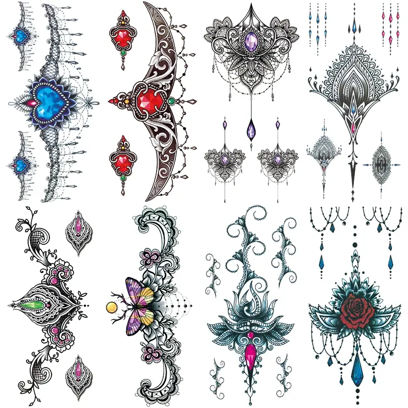 8 Pcs Diamond Pendant Tattoo Stickers, Realistic Butterfly Floral Design, Temporary Body Art for Women, Sexy Waist Decoration