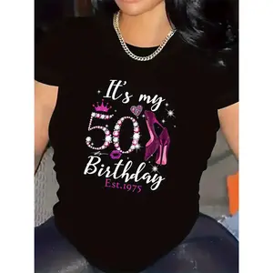 Women's 50th Birthday T-Shirt - Sparkly Rhinestone-Style Number 50 & "It's My Birthday" Print with Name/Year Personalization Option - Round Neck Short Sleeve Party Outfit for Milestone Celebrations (Black, Machine Washable)