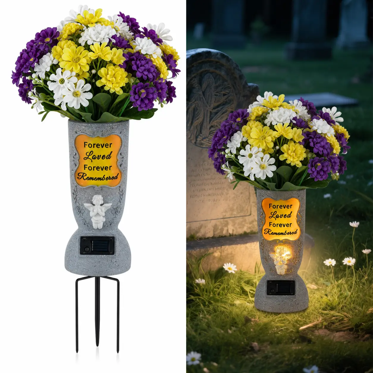 Solar Memorial Vase Set with Artificial Flowers, LED Solar Angel Cemetery Grave Flower Pot, Waterproof Tombstone Decor Sympathy Gift