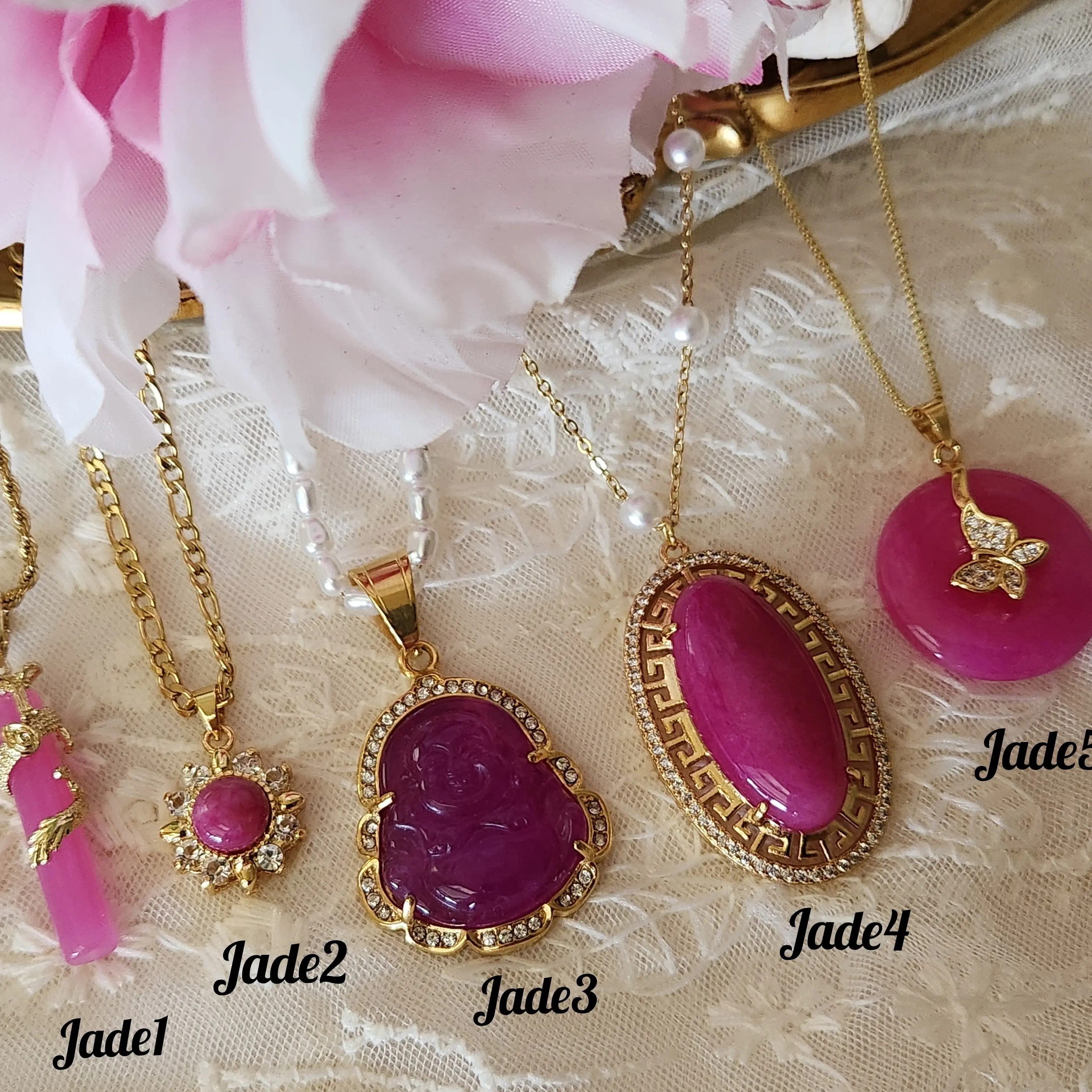 18K Gold PVD Pink Malay Colored Jade Gemstone Necklace, Colored Jade Necklaces