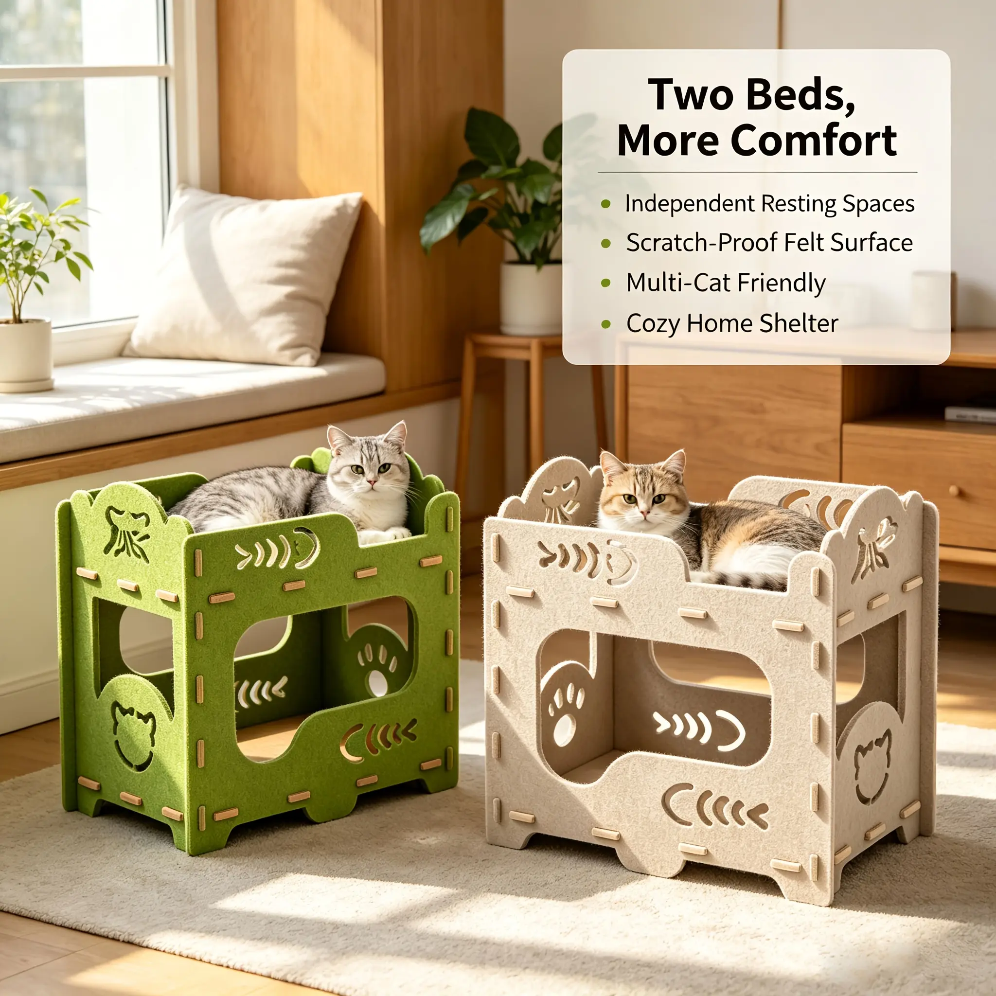 Indoor Felt Fabric 2-Level Cat Bed - Single Unit, Integrated Molded Stable Durable Structure, Semi-Enclosed Ventilated Privacy Safety Nest