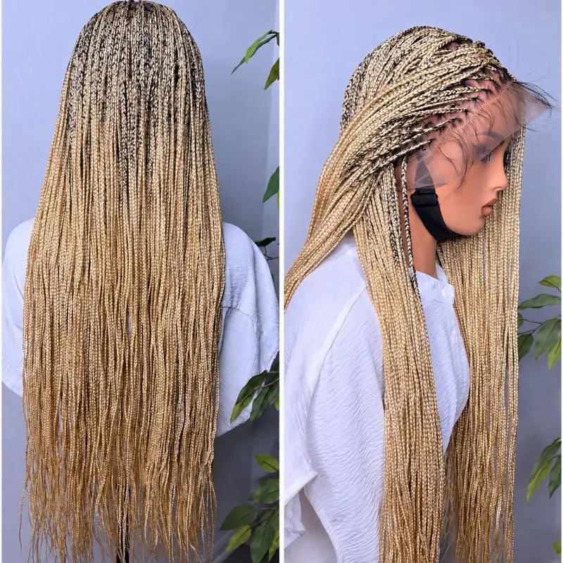 EverythingWigsBe Micro Knotless Braided synthetic Wig Tiny Small Knotless Braids in blonde , Synthetic Full Lace Wig, Medium Cap Size (21–22 Inches), Natural-Looking Hairline