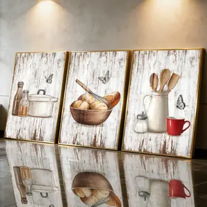3 Count Aluminum Alloy Frame Canvas， Kitchen Utensils And Bread Butterfly， Modern Living Room Decoration， Light Luxury Family Art， Suitable For Bedroom， Corridor And Office Wall Decor， Gift