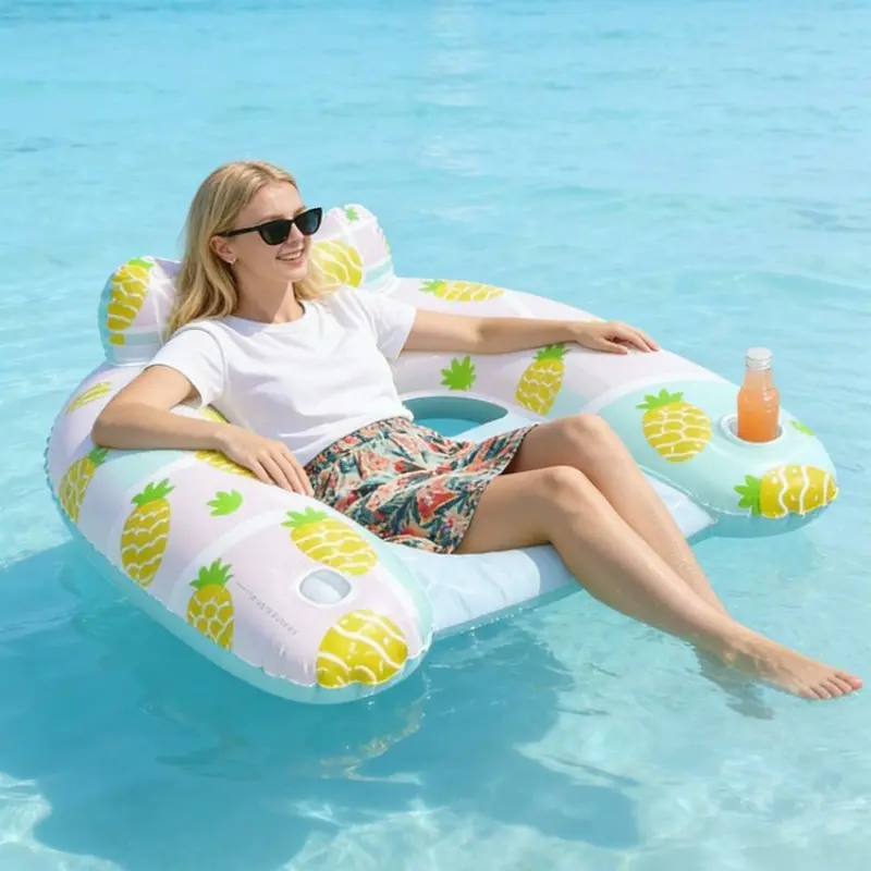 1pc Summer Pool Inflatable U-Shaped Float, Cup Holder Rest Seat, Strawberry Pineapple Pattern, Air Mattress for Swimming Pools, Pool Float Lounge, Inflatable Pool Floats
