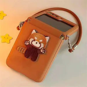 Brown Leather Cute Embroidery Bear Case with Hand Strap for Galaxy Z Flip 6 Z Flip 5 Flip7 Cover,case for motorola Razr 50 60 70