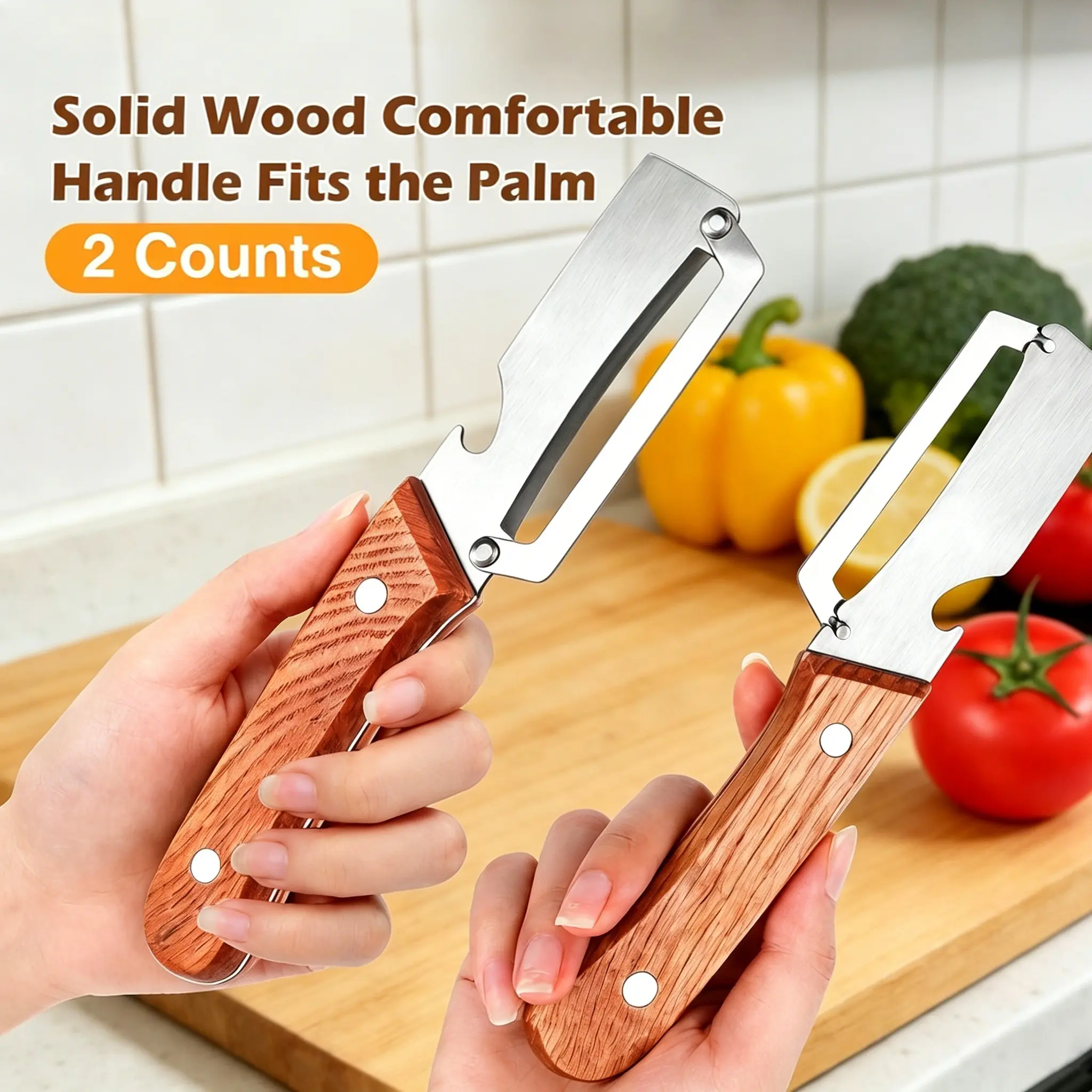2-in-1 Peeler with Bottle Opener - Kitchen Peeler Tool, Comfortable Wooden Handle, Sharp Stainless Steel Blades, Suitable for Thin & Thick Ingredients factory cheese