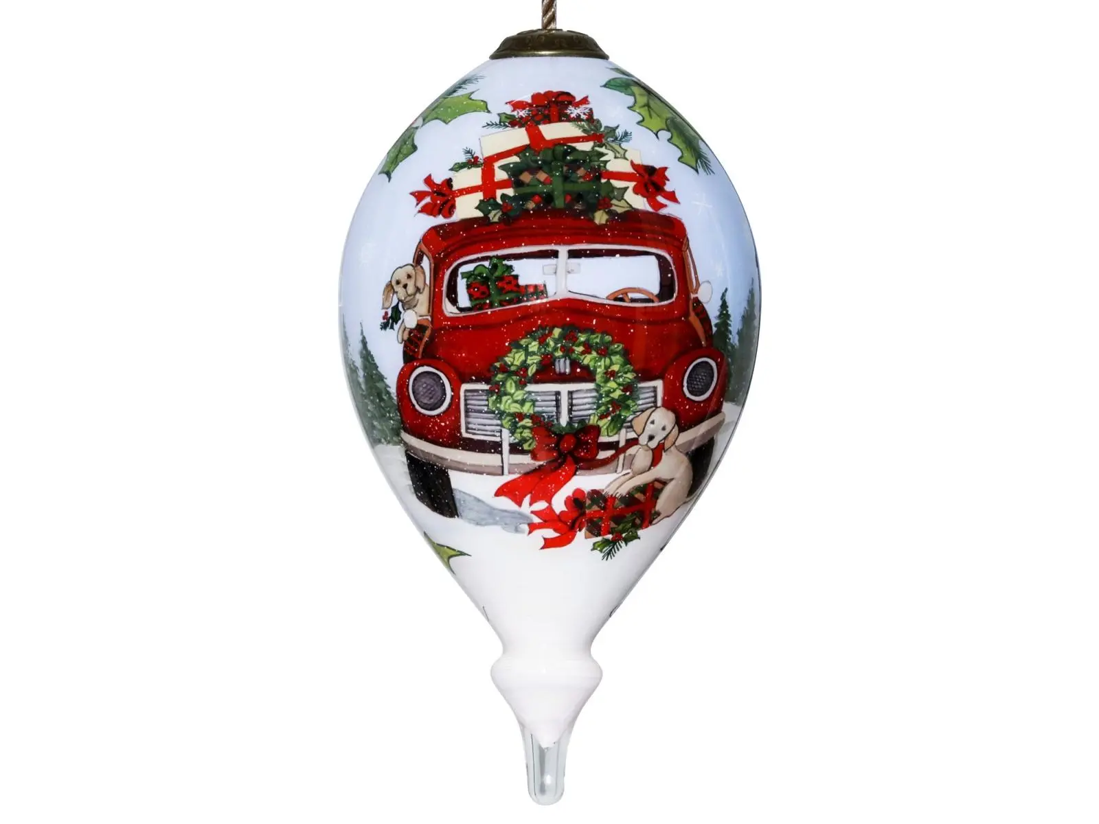 212 MAIN Oval Teardrop Vintage Christmas Decor Ornament - Hand-Painted Mouth-Blown Glass Traditional Antique Truck, Puppy, Red Accents, Hanger Included - Family Collectibles Decoration for Holiday Tree, Home Supply Gifts