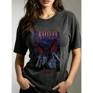 Justice League Batman Beyond 25th Anniv Retro Animated Poster Vintage Washed Oversized Unisex Black Casual T-shirt