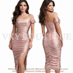 Satin Off Shoulder Ruched Midi GU Dress with Split Hem