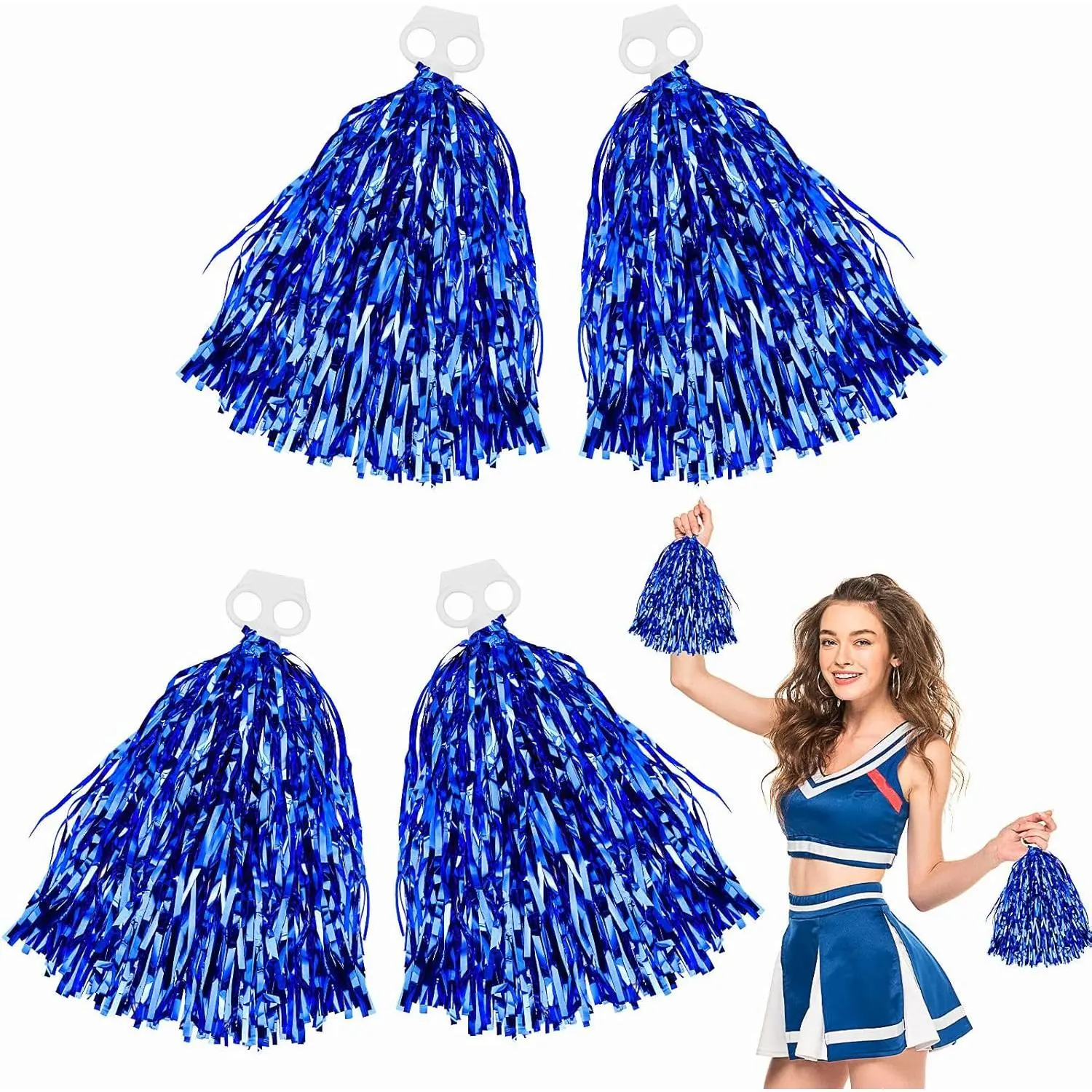 Cheer Pom Poms, 4 Pack Blue Metallic Foil Cheerleading Accessories for Adults, 9.4 Inch with Ring Handles for Team Spirit & Sports Games, Four Pack, Metallic Look