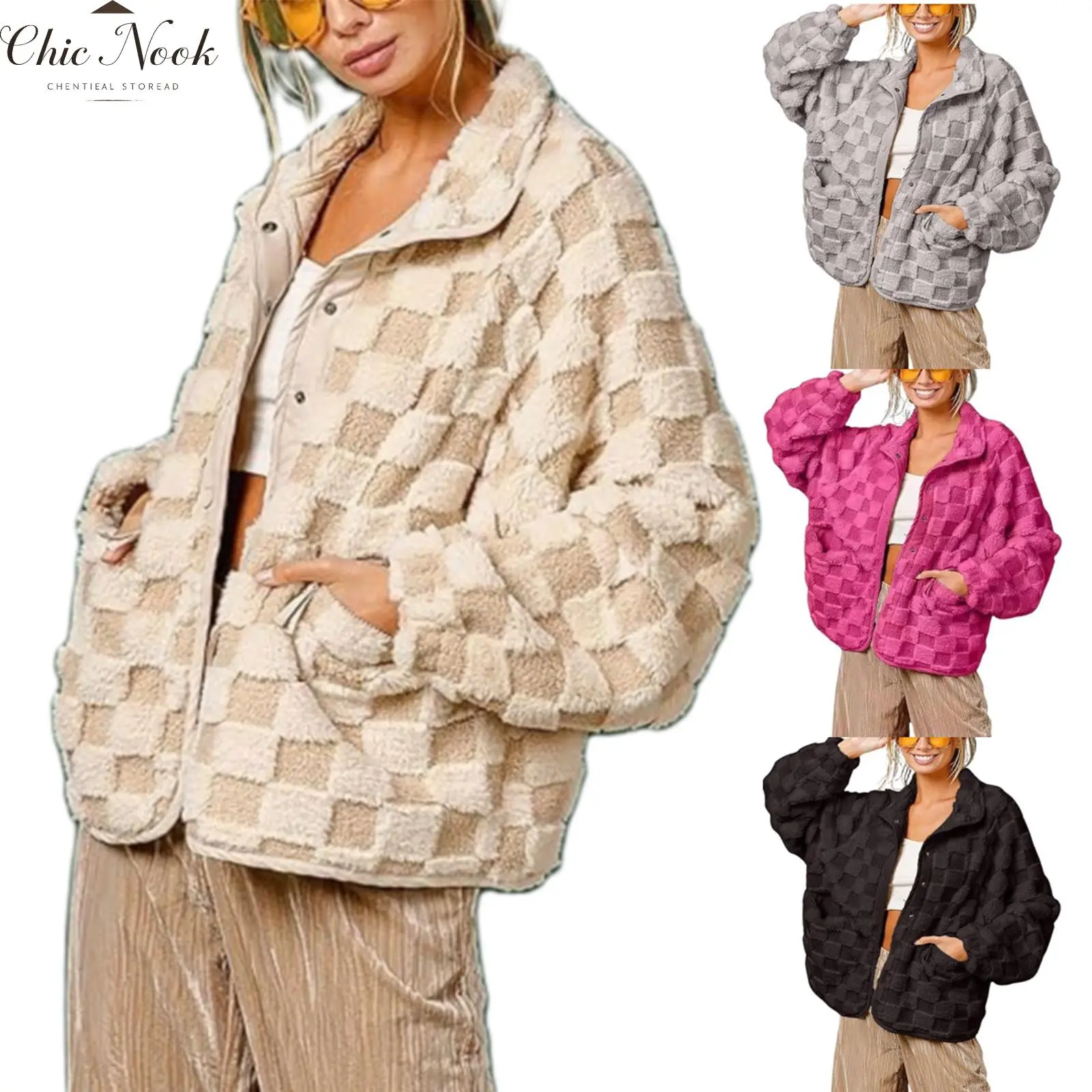 Women's Fleece Jacket Fashion Long Sleeve Stand Collar Checkered Jacket Fall Winter Outwear Women's Fleece Jacket Fashion Long Sleeve Stand Collar Checkered Jacket Fall Winter Outwear