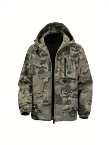 Men's autumn camouflage hooded zipper jacket - Sporty casual regular long-sleeved coat, machine-washable for daily wear, suitable for hiking and outdoor activities. Sports camouflage jacket: Camouflage design, polyester lining jacket