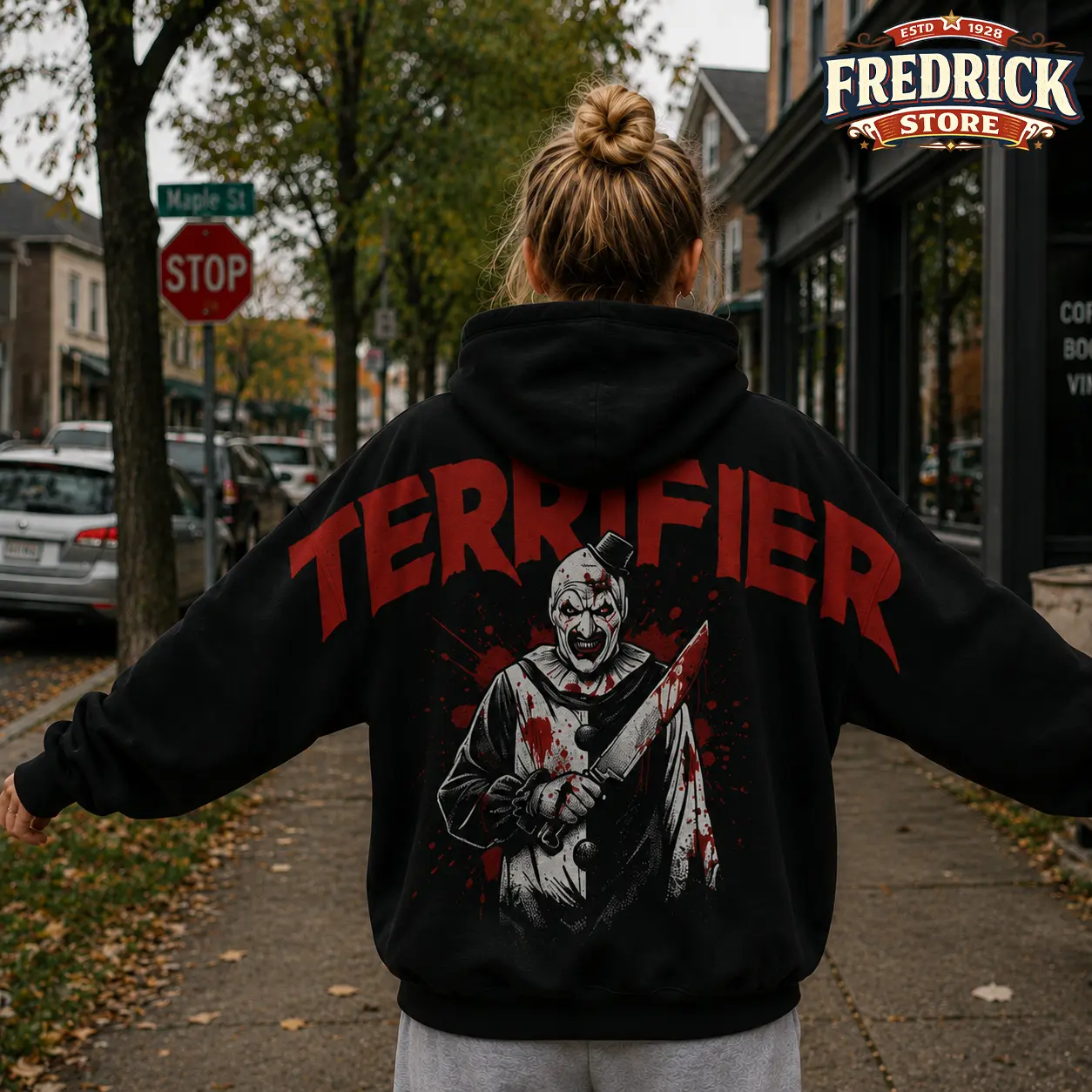 Terrifier Art The Clown Movie Horror Shoulder-to-Shoulder Back Lettering Sweatshirt Hoodie, Scary Movie Graphic Pullover, Spooky Season, Gift for Him and Her, Vibes