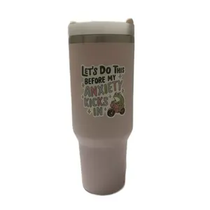 RoadSip Light Pink 40 oz Tumbler with Handle, Print "LET'S DO THIS BEFORE MY ANXIETY ROLLS IN" Bottle, Stainless Steel, Twist On 2 Way Lid Cupholder