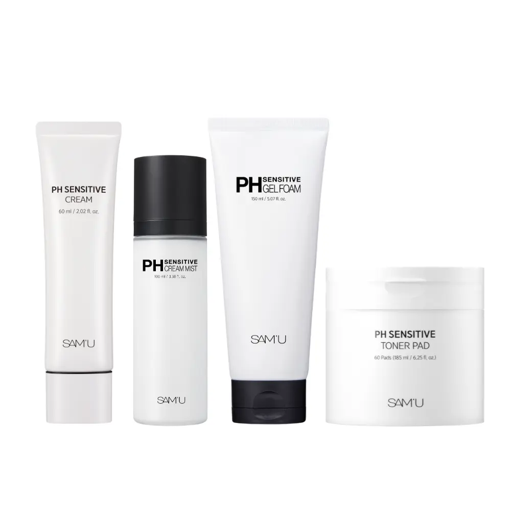 SAM'U PH Sensitive Bundle - Mist, Cream, Toner Pad, Gel Foam, Barrier Strengthening and Repair, Hydrating Formula for Sensitive Skin Dewy