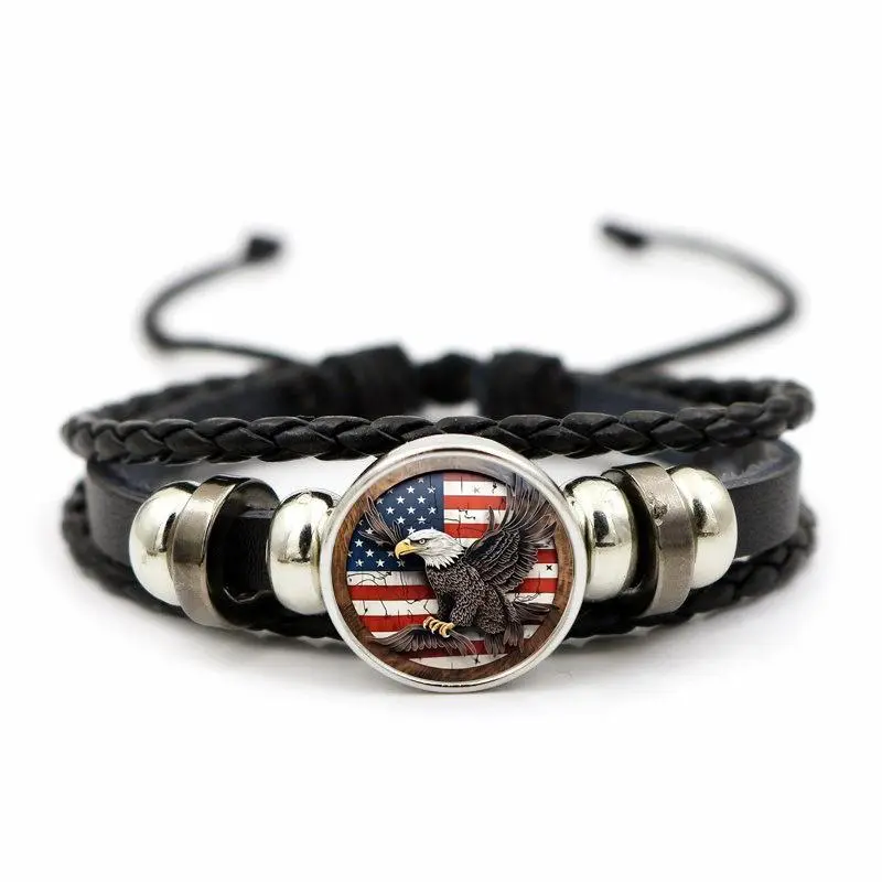 Men's Patriotic Design Eagle Motif Bracelet - American Flag Leather Wrap Bracelet with Adjustable Fit, USA Pride Everyday Wear Jewelry Gift for Men