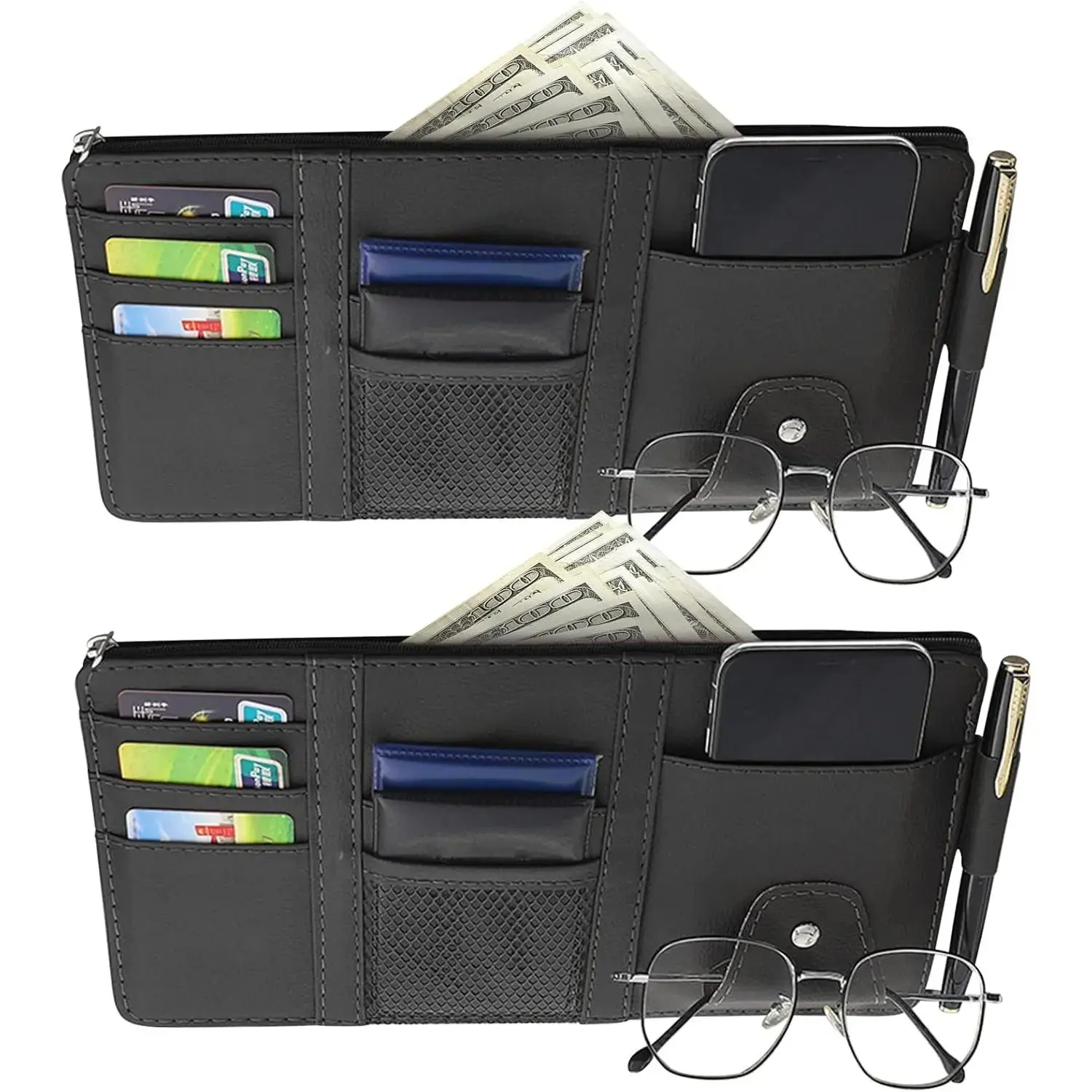 2-Pack PU Leather Sun Visor Multi-Pocket Organizer for SUVs - Auto Storage Pouch with Big Zipper Pocket, Card Sleeve, Pen Slot, Key & Lipstick Holders, 12.2×6.3×0.3in, Easy to Clean, No View Effect, Manufacturer Warranty, Car Interior Stowing Accessory