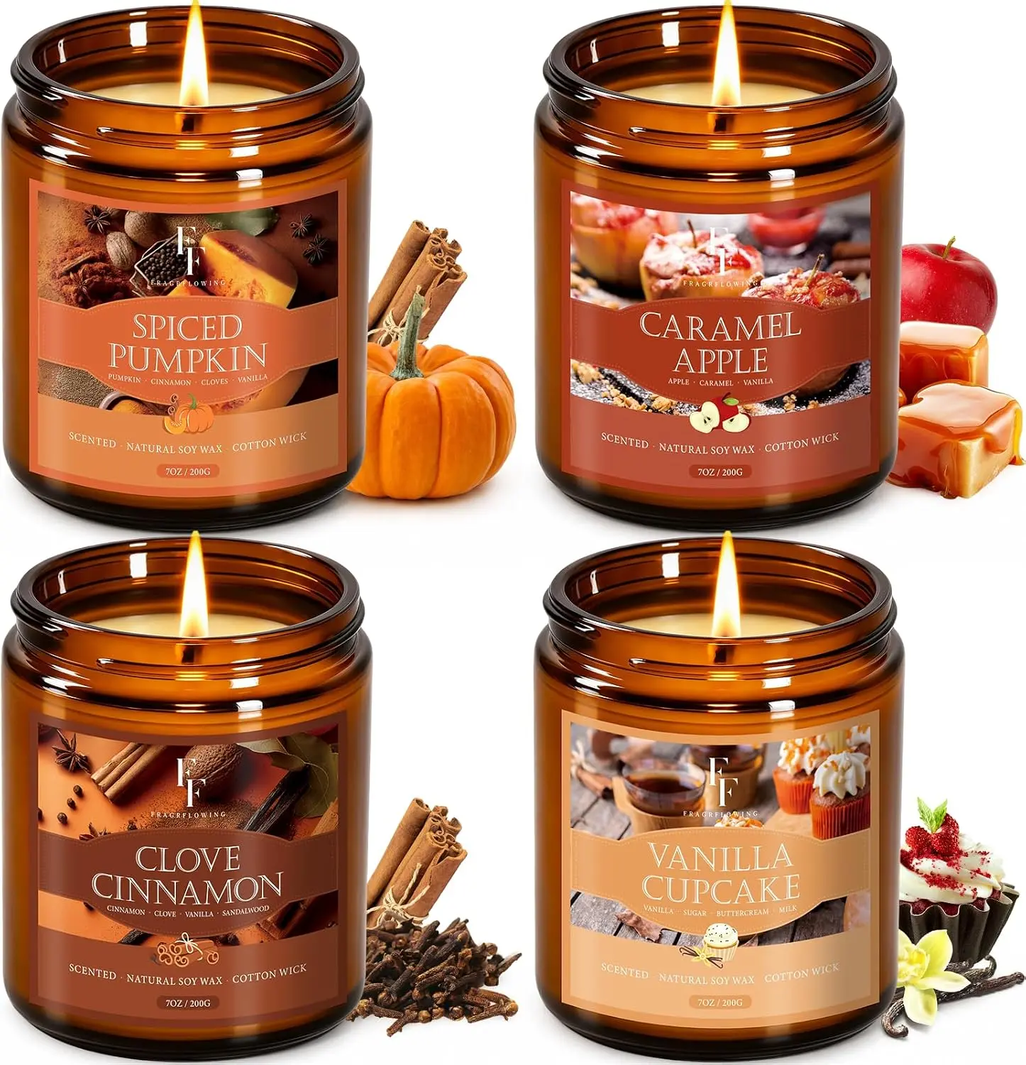 Fall Candles Set, 4 Pack Candles for Home Scented Natural Soy Wax, Autumn Gifts Set for Women Men, Fall Fragrance of Pumpkin/Cinnamon/Vanilla Cupcake/Apple FF FRAGRFLOWING