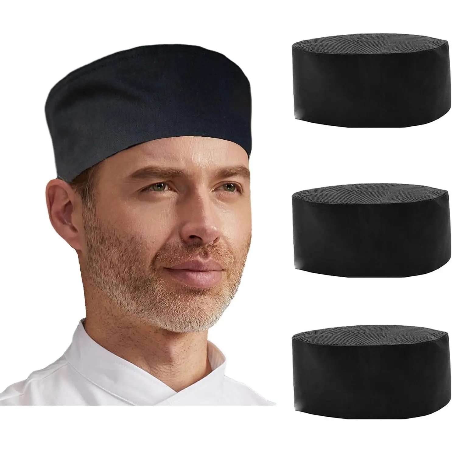 Unisex 3-Pcs Adjustable Chef Hats, Durable Environmentally Friendly Polyester Fabric Kitchen Caps with Breathable Mesh Vent Top for Chefs