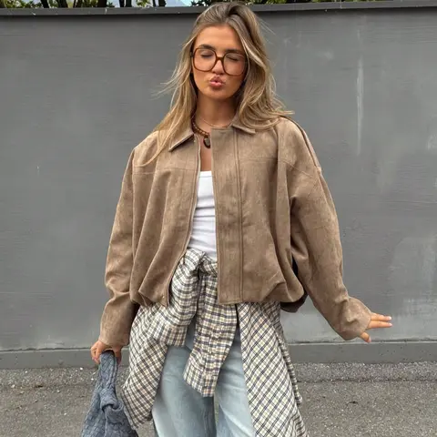 Women's Casual Everyday Faux Suede Long Sleeve Single Button Loose Fit Jacket, Perfect for Spring Wear, Comfortable and Stylish Outerwear, Loose Jackets