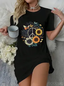 PEACE SIGN LOVE Sunflower on 60s 70s Sunflower Hippie Dress